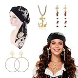 Piratenkostüm: 1 elastisches Stirnband + 1 Paar Ohrringe + Halskette + Haarschmuck aus Stein, Mit diesem Halloween-Piraten-Rollenspiel-Set kannst du dich als Pirat verkleiden, andere unterhalten, deine Party unvergesslich machen und Fotos mit Freunden und Familie machen.