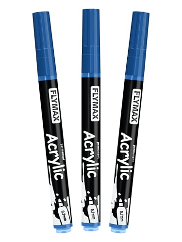 FLYMAX Blue Marker Paint Pens - Permanent Marker Pens Blue Acrylic Paint Water-Based 0.7mm Fine Tip Waterproof Quick-Drying (3 in 1Pack)