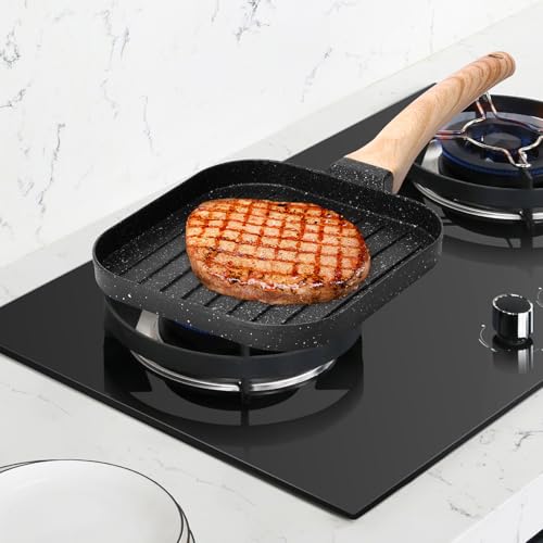 ATopoler Small Nonstick Griddle Pan,Frying Pans with Heat-Resistant Handle,7in Square Grill Pan, Fast Frying and Grilling,Compatible with All Stovetops(Black)