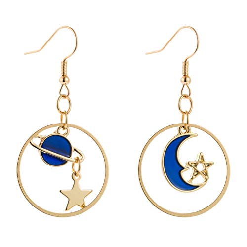 SAKAIPA Enamel Moon Star Earth Planet Drop Hook Earrings Long Pendant Dangle Jewelry for Woman Girls (Blue)