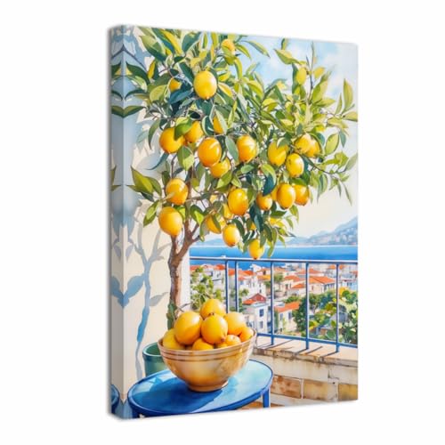 ZQQART Lemon Pictures for Wall Kitchen Fruit Wall Decor Yellow Citrus with Blue Pottery Canvas Prints for Dining Room Farmhouse Framed(Blue,18L x 12W)