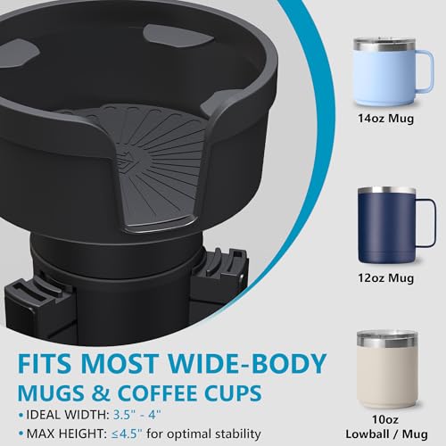 Seven Sparta Mug Holder Expander for Coffee Cups, Offset Adjustable Base Fits Yeti 10/14oz & Giant Travel Mugs (3.5"-4.0"), Secures Oversized Drinkware, 1 Pack