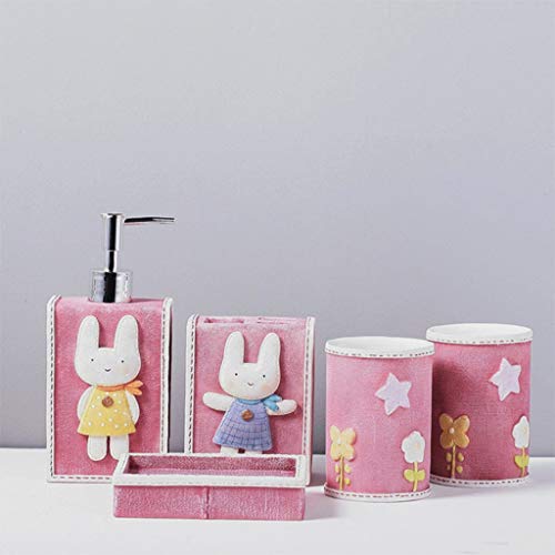 Xinxinchaoshi Lotion Dispenser Cute Bunny Bathroom Accessory 5 Piece Set, Toothbrush Holder Toothbrush Cup Soap Dispenser Set Girl Girlfriend Gift (Pink) #TOP5