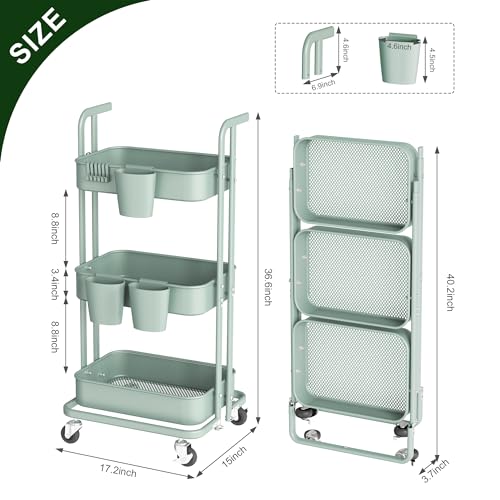 Image of DTK 3 Tier Foldable Rolling Cart, Metal Utility Cart with Lockable Wheels, Folding Storage Trolley for Living Room, Kitchen, Bathroom, Bedroom and Office, Green