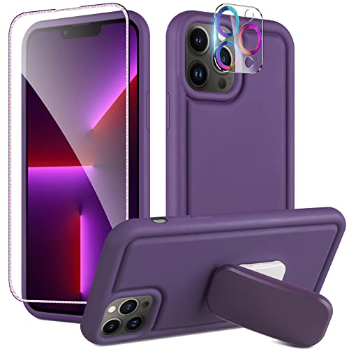 Honeyake For Iphone 13 Pro Max Case With Stand, Screen Protector And Camera Lens Protector Liquid Silicone Phone Case Protection Shockproof Kickstand Bumper Cover For Iphone 13 Pro Max 6.7Inch Purple #TOP20