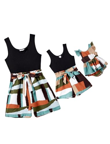 Image of PATPAT Mom and Daughter Matching Jumpsuits - Black Tank Top with Floral Wide-Leg Shorts