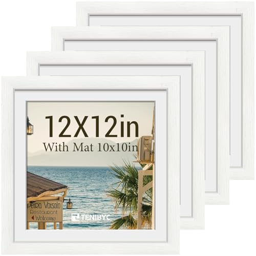 TENIBYC 12x12 picture frame 4 Pack, 10x10 Mat, White Wood, Glass