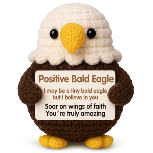 Faith Based Gifts for Women Men - Positive Crochet Bald Eagle with Inspirational Card - Handmade Religious Spiritual Gifts for Friends, Dad, Mom - Cute Knitted Emotional Christian Support Doll for Birthday, Christmas, Encouragement Decor