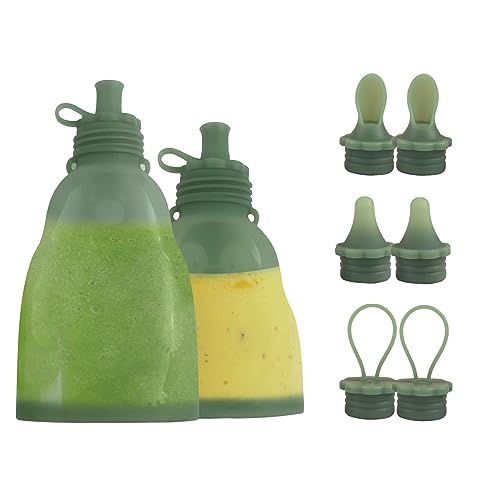 Silicone Baby Food Pouches 2 Pack, Reusable Food Pouches for Baby Food Storage, Squeeze Pouches with Spoon Feeder for Toddlers and Kids, Washable & Freezable Safe (Green)