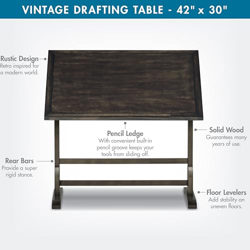 Image of Studio Designs Vintage Drawing /Drafting Table with Pencil Ledge - 42 inch W x 30 inch D - Distressed Black - Adjustable Tilting Top