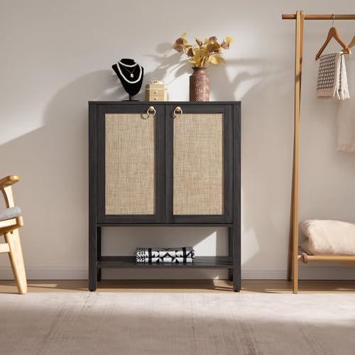 Image of SICOTAS Rattan Shoe Storage Cabinet, 5 Tier Shoe Organizer with Doors and Shelves, 24 Pair Capacity Tall Farmhouse Boho Shoe Rack for Entryway Hallway Living Room Closet, Obsidian