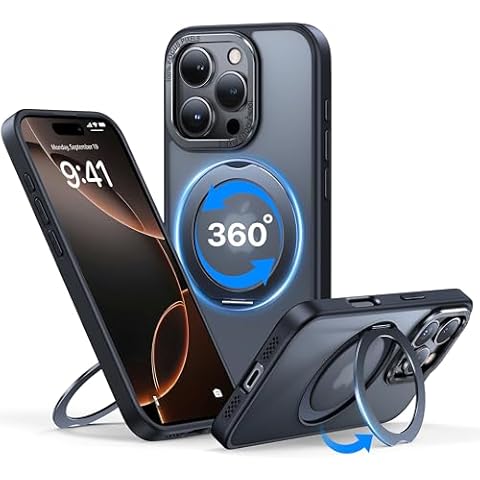 QTlier for iPhone 16 Pro Max Case, 360° Rotatable Ring Stand, Raised Camera Frame, Shockproof Case Compatible with MagSafe, Case for iPhone 16 Pro Max, Translucent Black Cover