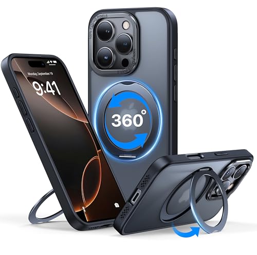 QTlier case for iPhone 16promax, 360 Rotatable Ring Stand, Raised Camera Frame, Shockproof with MagSafe Black
