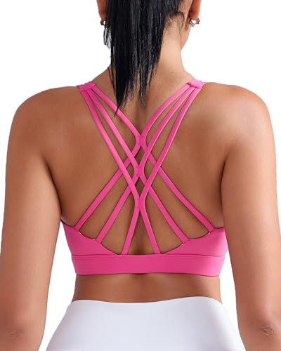 Image of RUNNING GIRL Padded Sports Bras for Women Medium Support, Criss-Cross Back Strappy Sports Bra Gym Yoga Bra with Removable Cups(WX3114Hot Pink,M)