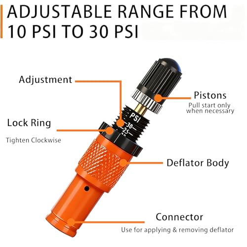 Image of SUVCARMPING Adjustable Auto-Stop Tire Deflator Valve Kit (10-30 PSI) 4 PCS Screw-on Tyre Air Down Tool for Offroad 4x4, Orange