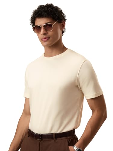 Image of The Souled Store Supima: Alabaster Men and Boys Short Sleeves Round Neck Solid Supima Cotton Regular Fit Lightweight Breathable Durable Casual Summer T-Shirt
