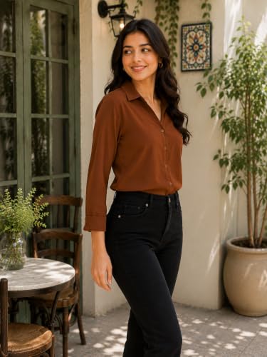 Image of FUNDAY FASHION Women Solid Regular Fit V Collered Casual Shirt