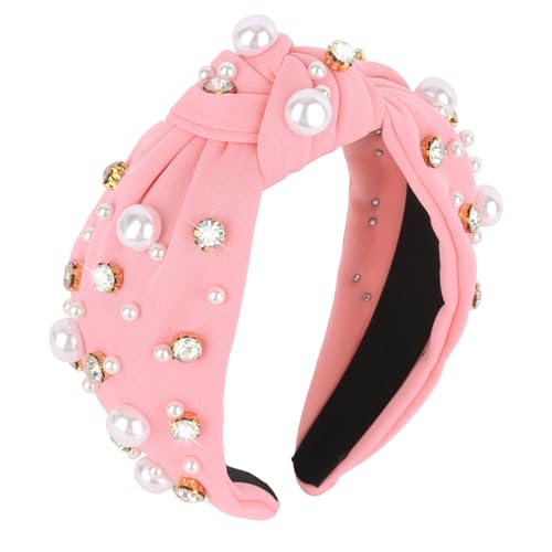 Brimekichio Pink Headband for Women Girls Pearl Knotted Headband Clear Rhinestone Head Band Hair Accessories Women, Light Pink