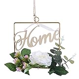 Amosfun Künstliche Blumenkranz Home Buchstaben Metallring Kunst Blumen Anhänger Türkranz Rose Wandkranz Holzdeko Nordischer Stil Eukalyptus Dekokranz Hochzeit Ostern Frühling Deko 20x22cm