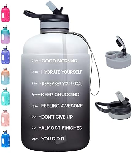 Venture Pal Half Gallon Water Bottle with 2 Lids, Large 64 oz Water Jug with Motivational Time Marker to Ensure You Drink Enough Water-White/Gray Gradient