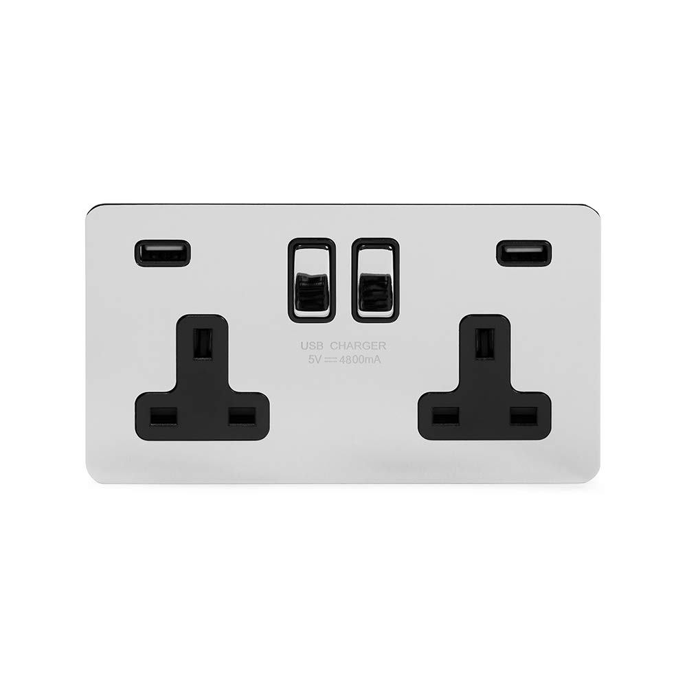 Soho Lighting Polished Chrome Flat Plate 13A 2 Gang DP USB Switched Double Plug Socket (USB Output 4.8amp) Black Insert Screwless