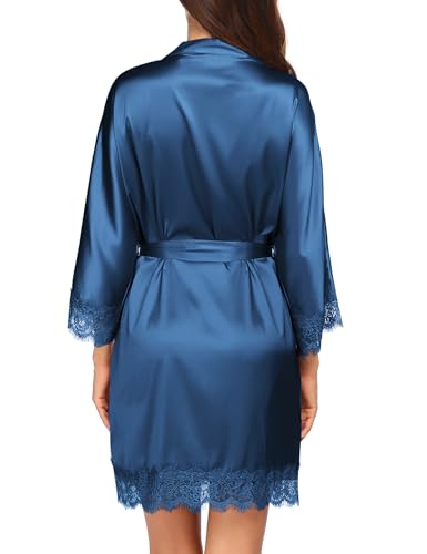 Image of Ekouaer Womens Silk Robes Short Lace Trim Satin Bride Bathrobe with Pockets