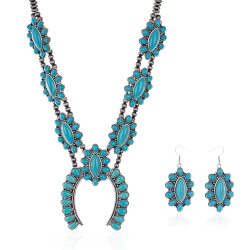 Montana West Rustic Couture's Western Squash Blossom Turquoise Jewelry Set for Women Cowgirl Country Collar Necklace Earrings RNS-1003TQ