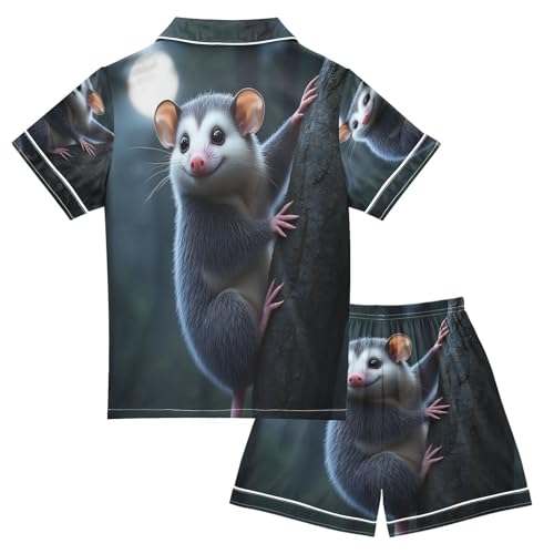 Satin Pajama Sets Short Sleeve Opossum Climbing Tree Button Down Silky Nightwear 2 Piece PJS 5-14Y2
