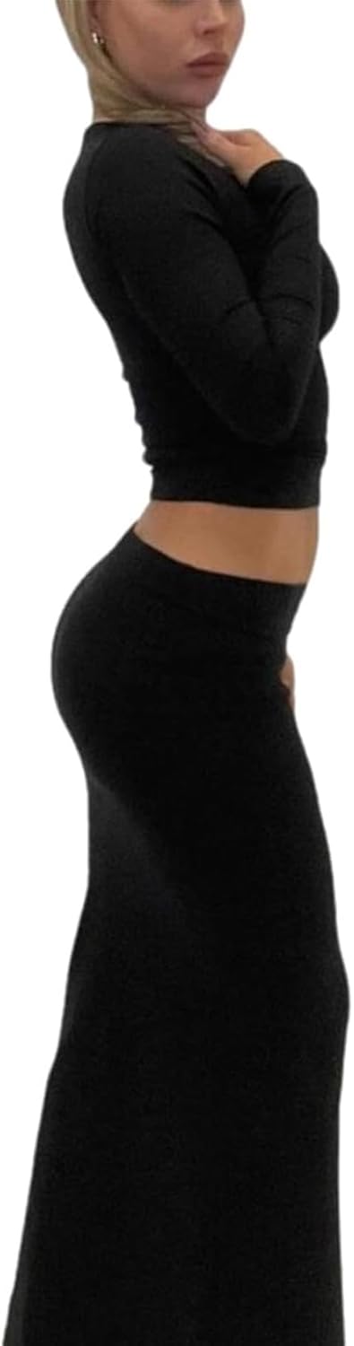 Two Piece Skirt Set for Women 2 PC Y2K Outfits Long Sleeve Tshirts Tops Bodycon High Waist Maxi Skirts - Image 5