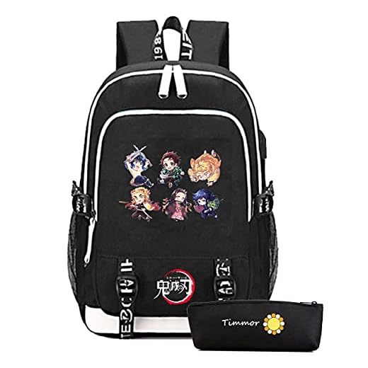TIMMOR MAGIC Japanese Anime Backpack for Boys with USB Charging Port, Middle School College Tanjiro Bookbags for Women Men.(Black6)