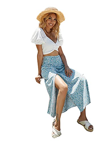 Floerns Women's Boho Floral High Waist Split A Line Midi Skirt Light Blue Xl #TOP2