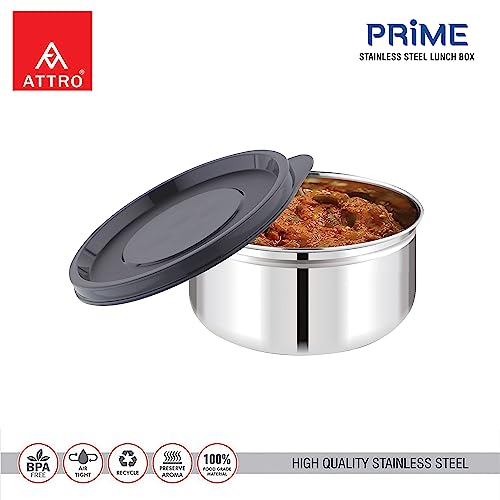 Image of ATTRO Prime Stainless Steel Single Wall Storage Containers Airtight & Leak Proof Containers for Office Use, School, Picnic, 400ml -Black-Set Of 4