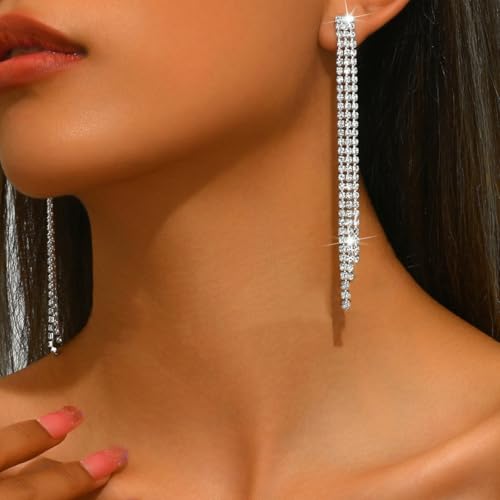 Rhinestone Tassel Dangling Earrings for Women Sparkly Crystal Earrings Chandelier Statement Tassel Earring Silver Prom Earring Wedding Party Prom Dress Jewerly Gifts (Silver)