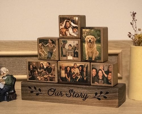 Personalized Walnut Photo Blocks Tabletop Decor | UV-Printed on Real Wood | Choose Block Count | Optional Walnut Base with Custom Text
