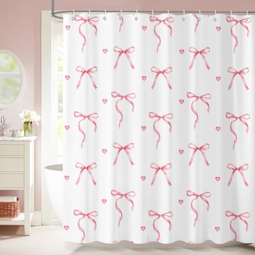 Dazzlewall Rideau de Douche Rose Nœud 180 x 180 cm, Mignon Rose Blanc Nœud Papillon Rideaux de...
