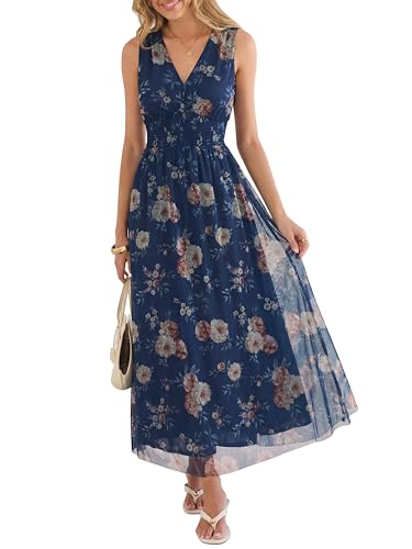ANRABESS Womens Summer Floral Maxi Dress, A Line Tulle,Elegant for Wedding Guest & Beach Vacation,Flowy Casual Boho Outfits Blue Golden Flower Large