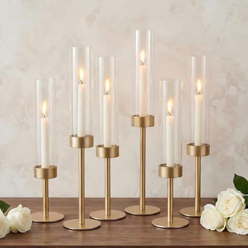 Ronasip Hurricane Candle Holders Set of 6, Matte Gold Metal