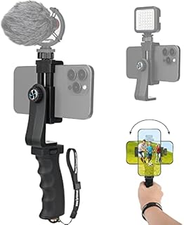 Ergonomic Anti-falling Cell Phone Vlogging Hand Grip Stabilizer Smartphone Holder Rig Mount Video Kit w/ Safety Strap Portable Selfie Stick for iPhone Samsung (Landscape+Portrait)-Mic /Light Adaptable
