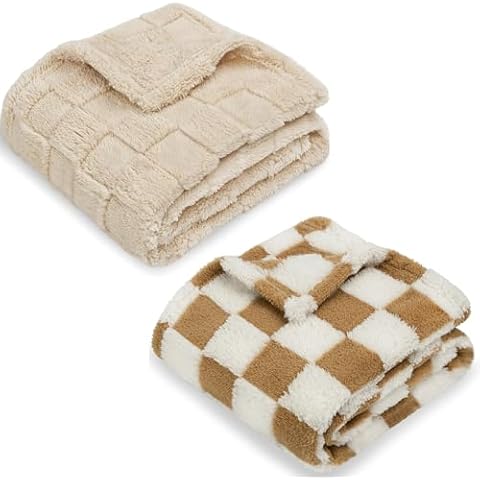 HOMRITAR 3D Gingham Fleece Baby Blanket + 3D Checkered Fleece Fluffy Fuzzy Bed Blanket for Toddler Khaki 30 x 40 Inch Cover