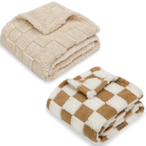 Image of HOMRITAR 3D Gingham Fleece Baby Blanket + 3D Checkered Fleece Fluffy Fuzzy Bed Blanket for Toddler Khaki 30 x 40 Inch