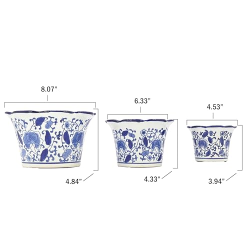 Galt International Blue & White Floral Porcelain Ceramic Decorative Flower Pot 8"/6"/4.5" Garden Pots Chinese Asian Design - Set of 3 Cylinder Fluted Edge by Galt International - Used condition - Image 4