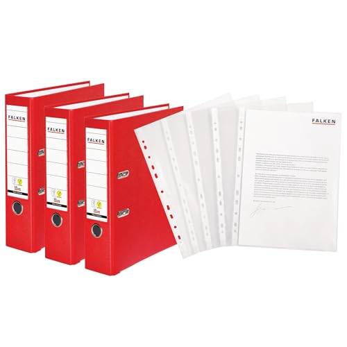 Original Falken 3er Pack PP-Color Ordner inklusive 100er Economy PP-Kunststoff Prospekthüllen transparent genarbt. Made in Germany. 8 cm breit DIN A4 rot