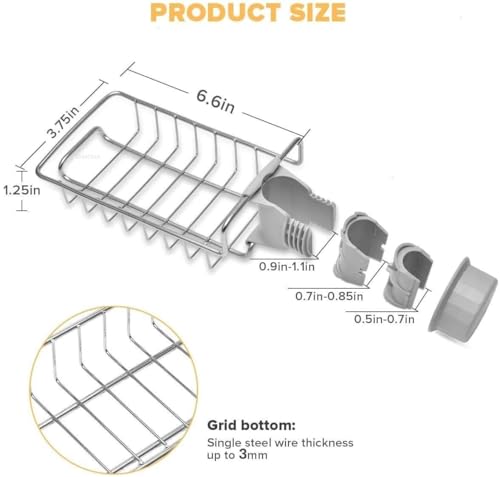 Image of Stainless Steel Kitchen Sink Caddy Organizer, Adjustable Faucet Clamp Sponge Holder with Drainage, Multifunctional Storage Rack for Soap and Scrubber