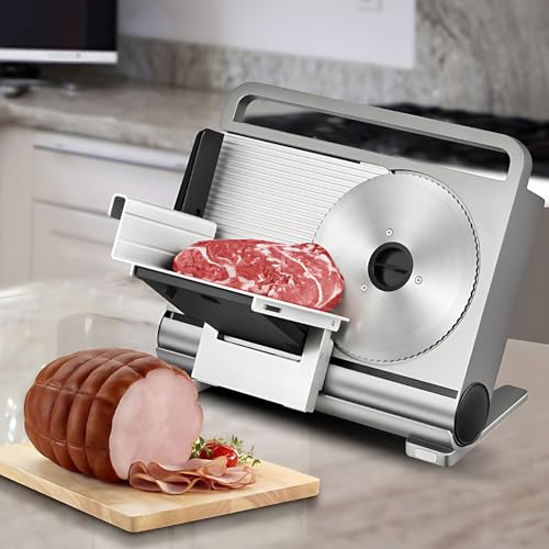 Cortadora eléctrica de Alimentos Delicatessen, cortadora de Carne eléctrica Plegable con Hoja de Acero Inoxidable de 19 cm, Espesor Ajustable de 1-15 mm, cortadora eléctrica multifunción para Pan