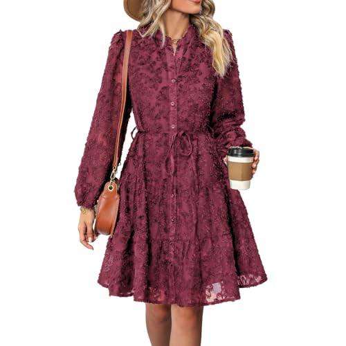 Momuk Elegantes Spitzenkleid für Damen Casual Rundhalsausschnitt Langarm Midi Kleid Abendkleid Party Cocktail Bodycon Kleid (Weinrot L)