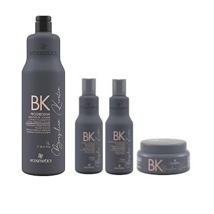 Brazilian Keratin Treatment BK | Progressive Brush | Hair Straightening & Smoothing System | Volume Reducer | Shampoo 250ml + Conditioner 250ml + Mask 250g + Keratin Treatment 1000ml