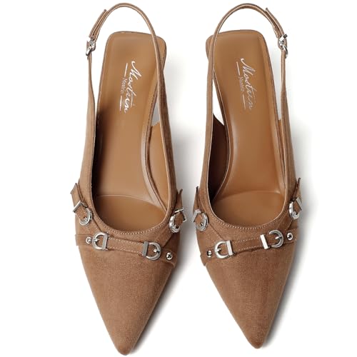 Image of Mostrin Kitten Heels for Women Pointed Toe Pumps Patent Leather Low Heel Slingback Heels with Buckle Dress Shoes for Dating Party Working