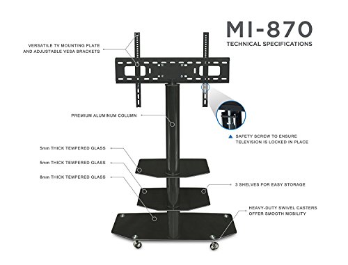 Mount-It! Mobile Tv Stand - With Rolling Casters & Three-Tiered Glass Shelving - Fits 32"-60" Displays #TOP3