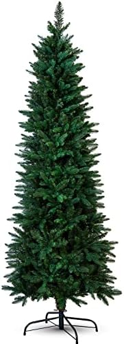 FB FunkyBuys 7ft Green Pine Pencil Slim Artificial Christmas Tree with 820 Branch Tips & Metal Stand (Green, 7ft (210cm))
