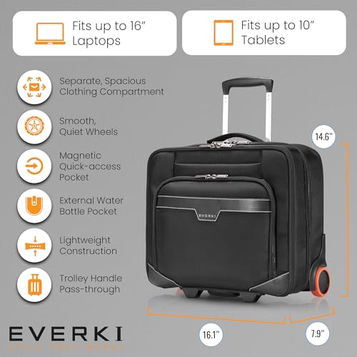 EVERKI Journey 16-Inch Laptop Trolley Rolling Briefcase for Business Professionals – Travel-Friendly Carry-On Laptop Bag, Lightweight Office Bag with Wheels, Roller Laptop Briefcase, Black (EKB440) by EVERKI - Image 5
